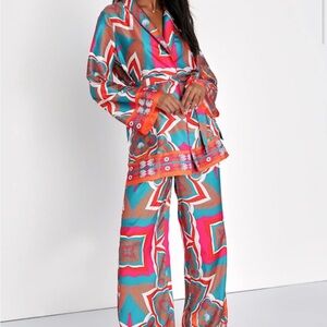 Lulu's Colorful Geometric Satin Wide Leg Pajama Pants & Short Robe .